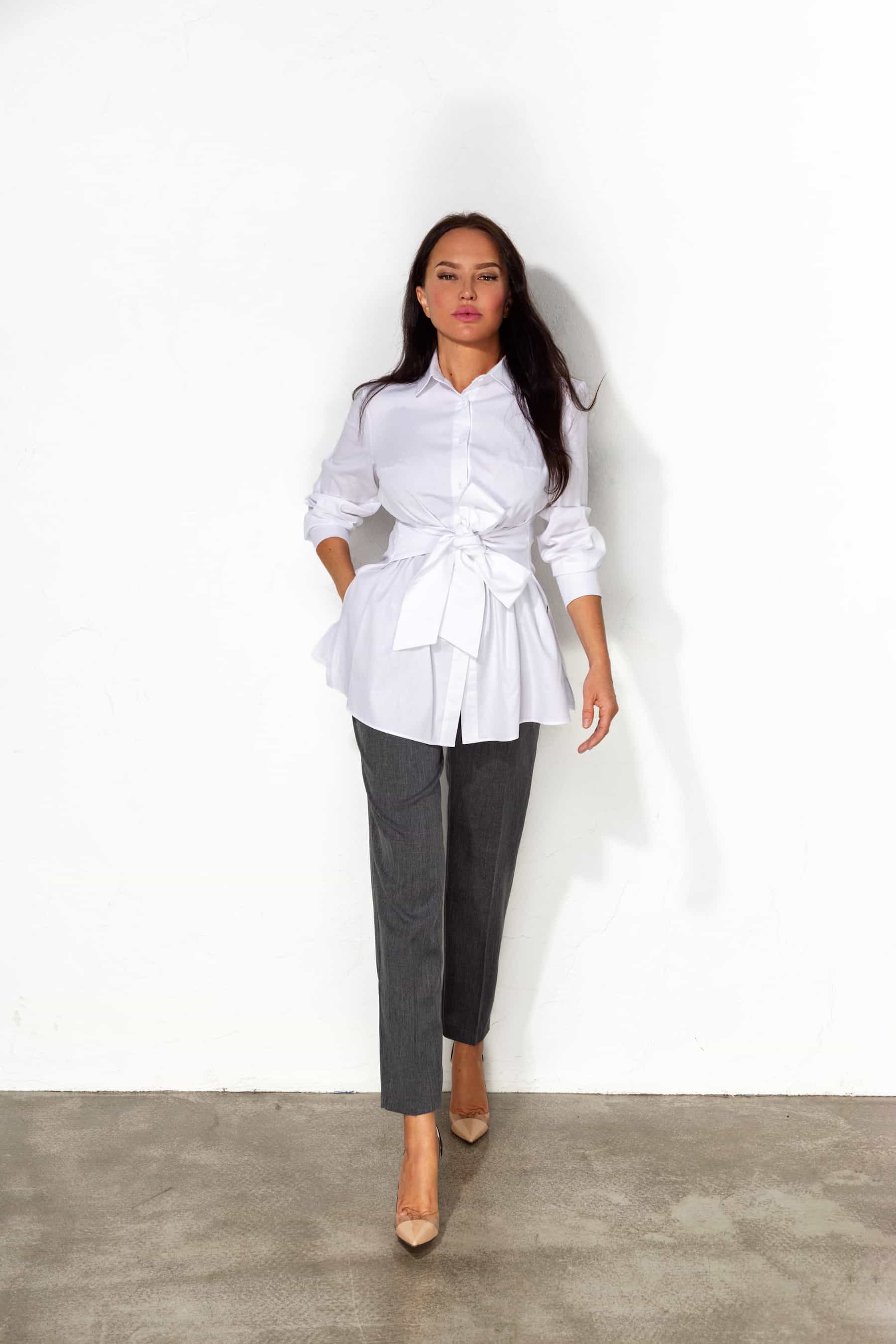 White cotton shirt with sewn in belt